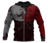 yayoitimes Sweat-shirt à Col Rond de Tatouage Pour Hommes Scandinaves, Viking Celtic Raven 3D Print Long Sleeve Zipper Red Hoodie, Sweat-shirt Décontracté Harajuku de Mode Nordique(Zip Hoodie,M)