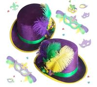 YaYuanSun Lot de 2 chapeaux haut-de-forme avec plumes - Accessoires de costume violet pour homme et femme - Mardi Gras, anniversaire, bal masqué, Nouvelle-Orléans, carnaval