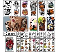 Yazhiji 40 Feuilles Halloween Tatouages Temporaires Citrouille Sorcière Sucre Crâne Tatouage Ensemble Tats pour Femmes Hommes, Halloween Zombie Maquillage Kit, Cicatrice Tatouages Imperméables