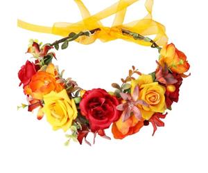 YAZILIND Boho Fleur de la Couronne Rouge, Jaune et Orange Floral Bandeau Réglable Ruban pour les Mariages, les Festivals et les Célébrations de la Chute