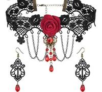 YAZILIND Collier noir et boucles d'oreilles pour femme, collier réglable en velours et dentelle, boucles d'oreilles pendantes, pendentif en forme de rose rouge, ensemble de bijoux d'Halloween gothique