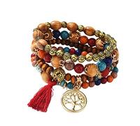 YAZILIND Tree of Life Bracelets Multicouches empilables Bracelets Bracelets Bohème Stretch Perles Bracelets Bracelet Femme (Rouge)