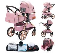 YAZOCO Poussette 3 en 1, Poussette Canne, Trio, Poussette Bebe, Landau Bébé, Accessoires pour sièges, Sac de maman, Nacelle, Grandes Roues (5 Rose)