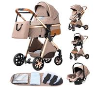 YAZOCO Poussette 3 en 1, Poussette Canne, Trio, Poussette Bebe, Landau Bébé, Sièges Accessoires, Moustiquaire, Housse de Pluie, Sac de Changement (Kaki, Version basse V9)