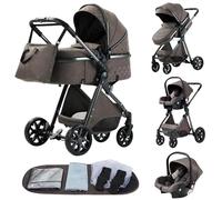YAZOCO Poussette 3 en 1 Poussette Canne, Trio, Poussette Bebe, Landau Bébé, Sièges Accessoires, Moustiquaire, Housse de Pluie, Sac de Changement (Chocolat, Version basse V9)