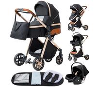 YAZOCO Poussette 3 en1 Compacte Poussette CombinéEs Anstout Terrain Luxe Haut Paysage Quadruple 0-36kg Bébé Pliable Canne Poussettes Confort Accessoires Auto Siège (Noir)