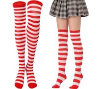 YAZWUR 2 paires Rouge-Blanc Chaussettes au Genou Longues Rayées, Halloween Socken, Chaussette à Paillettes, Chaussettes Hautes à Rayures Bas Rayés pour Femmes