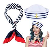 YAZWUR 2 pièces Bonnet et Écharpe à Rayures, Kit de Déguisement Marin avec Casquette de Capitaine et Carrée, Hommes Femmes, Accessoire pour Cosplay et Enterrement de Vie de Jeune Fille (Bleu Marine)