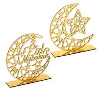 YAZWUR 2PCS Ramadan Mubarak Table Decorations, Wooden Eid Kareem Tabletop Sign for Home Room Centrepieces, Novelty Hollow Star Moon Lanterns Castles Ornament for Al-Fitr Party Supplies