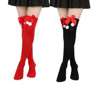 YAZWUR Chaussettes hautes pour femmes, lot de 2 paires, longueur au-dessus du genou, bordure à franges rouges, chaussettes sur le thème de Noël