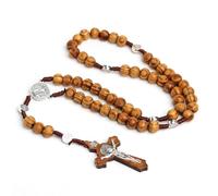 YAZWUR Collier de chapelet catholique avec perles de prière en bois naturel et pendentif croix de Saint-Benoît avec Jésus-Christ. Idéal pour les sacrements catholiques, baptêmes.