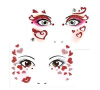 YAZWUR Tatouages Temporaires Visage Pailletés Cœurs Autocollants pour Carnaval, Halloween, Festival - Accessoire Costume Cupidon ou Reine de Cœur pour Femmes - Rouge et Rose