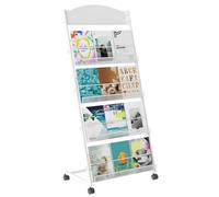 ybaymy Présentoir à prospectus à 4 niveaux, format A4, porte-revues, porte-brochures sur pied, avec roulettes, grand porte-brochures en acier pour la réception publique