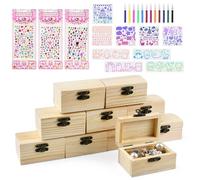YBCCBY 10PCS Mini Coffres au Trésor, DIY Petite Boîte en Bois avec Couvercle Petites Boîtes à Trésor en Bois Boîte en Bois à Peindre pour Travaux Manuels avec Autocollants Pailletés, Modèle, Aquarelle