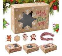 YBCCBY Lot de 12 Boîtes à Biscuits de Noël 22 * 15 * 7CM Avec Fenêtre Transparente - Boîtes Cadeaux en Papier Kraft Marron Avec Motifs pour Cupcakes et Pâtisseries