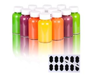 YBCPACK Lot de 12 mini verres à shot au gingembre à remplir de 120 ml | Petites bouteilles en verre avec étiquettes et stylo pour shots de gingembre, boissons détox et spiritueux - Passe au