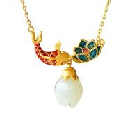 YBGCRD Collier en jade naturel hotan émaillé en forme de poisson lotus antique or artisanat pendentif lumière luxe style chinois rétro charme bijoux
