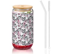 YBGHDAA 1 verre avec couvercle et paille Motif tête de mort florale 473 ml Idéal pour le whisky, la bière, le thé