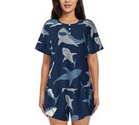YBGHDAA Ensemble de pyjama d'été 2 pièces à manches courtes pour femme, motif requin de dessin animé, doux, respirant, haut à boutons et short élastique à cordon de serrage avec poches, Noir , 3XL