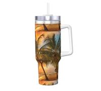 YBGHDAA Gobelet étanche en acier inoxydable avec poignée, motif coucher de soleil hawaïen, palmier, vagues et vagues, 1200 ml, pour homme et femme