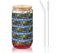 YBGHDAA Lot de 1 verre avec couvercle et paille Motif montagnes enneigées 473 ml Idéal pour le whisky, la bière, le thé