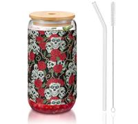 YBGHDAA Lot de 1 verre avec couvercle et paille Motif tête de mort et rose rouge 473 ml Idéal pour le whisky, la bière, le thé