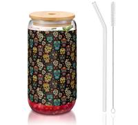 YBGHDAA Lot de 1 verre avec couvercles et paille Motif têtes de mort 473 ml Idéal pour le whisky, la bière, le thé