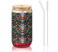 YBGHDAA Lot de 1 verre avec couvercles et paille Motif têtes de mort et fleurs 473 ml Idéal pour le whisky, la bière, le thé