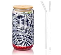 YBGHDAA Lot de 1 verre bleu polynésien avec couvercle et paille Motif tribal maori 473 ml Idéal pour le whisky, la bière, le thé