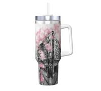 YBGHDAA Paris Street - Tasse en acier inoxydable étanche avec poignée - Motif Tour Eiffel - Motif floral rose - Pour homme et femme - 1200 ml