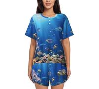 YBGHDAA Pyjama d'été 2 pièces à manches courtes pour femme Motif poisson tropical tortue requin Vêtement de détente doux et respirant Haut boutonné et short élastique à cordon de serrage avec poches