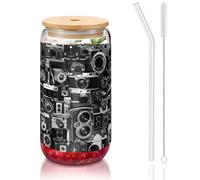 YBGHDAA Retro Cool Camera Collection Lot de 1 verre avec couvercles et paille 473 ml Idéal pour le whisky, la bière, le thé