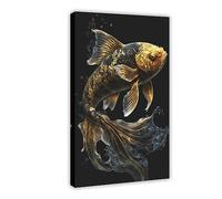 YBHF Poster sur toile noir et doré avec poissons koï, décoration de chambre à coucher, paysage sportif, bureau, chambre, cadre cadeau : 30 x 45 cm