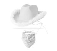 YBHOMINE Chapeau de cowboy avec bandana - Chapeau de cowgirl boa à plumes pour homme et femme, enterrement de vie de jeune fille, Halloween, blanc, Large