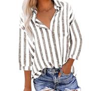 Ybing Chemise en lin à manches 3/4 pour femme - Rayée - Imprimé - Chemise en mousseline fine - Coton et lin - Chemise à manches longues - Décontractée - Vintage - Chemise d'été boutonnée - Chemise