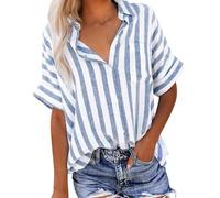Ybing Chemise en lin pour femme à manches courtes rayée en mousseline avec poche décontractée en coton et lin - Boutons à revers - Haut d'été ample - Séchage rapide - Chemise d'été légère, bleu clair,