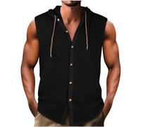 Ybing Chemise en lin sans manches pour homme - Boutons en coton et lin - Couleur unie - En mousseline - Avec capuche - Chemise d'été décontractée - Débardeur tendance - Léger - Confortable - Haut