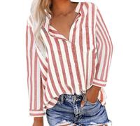 Ybing Chemise rayée en lin pour femme - Chemise tendance en mousseline avec poche - Col montant - Manches longues - Coton et lin - Chemise fine - Confortable - Manches longues - Haut de loisirs, #01