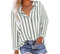Ybing Chemise rayée en lin pour femme - Chemise tendance en mousseline avec poche - Col montant - Manches longues - Coton et lin - Chemise fine - Confortable - Manches longues - Haut de loisirs, #01