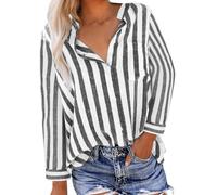 Ybing Chemise rayée en lin pour femme - Chemise tendance en mousseline avec poche - Col montant - Manches longues - Coton et lin - Chemise fine - Confortable - Manches longues - Haut de loisirs, #02