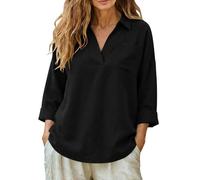 Ybing Chemisier en mousseline pour femme - Manches 3/4 - Décontracté - Couleur unie - Col en V - Haut en coton et lin - Manches longues - Décontracté - Manches longues - T-shirt d'été fin, Noir , XXL