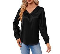 Ybing Chemisier femme élégant tunique plissée couleur unie satin t-shirt à manches longues fin col en V t-shirt long pull léger confortable manches longues haut tout match haut adolescent fille haut