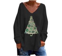Ybing Chemisier long de Noël pour femme Motif arbre de Noël Pull décontracté Pull de Noël ample Col en V Chemise longue Ourlet irrégulier Pull de Noël Femmes T-shirt à manches longues, #06 Noir, XXL