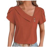 Ybing Chemisier pour femme à manches courtes élégant à manches florales - Couleur unie - Col en V oblique - T-shirt d'été léger - T-shirt fin basique confortable - Tunique de sport - Chemisier d'été,