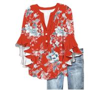 Ybing Chemisiers et tuniques pour femme - Manches 3/4 - Pull à imprimé floral - Élégant - Manches à volants - Boutons - Col en V - Manches longues - Tunique ample - T-shirt léger à manches longues