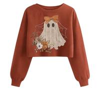 Ybing Costume d'Halloween pour femme - Court - Imprimé fantômes - Manches longues - Crop Top - Automne - Hiver - Col rond - Sweat-shirt sans capuche - Carnaval - Festival - Pull horreur festif