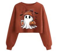 Ybing Costume d'Halloween pour femme - Court - Imprimé fantômes - Manches longues - Crop Top - Automne - Hiver - Col rond - Sweat-shirt sans capuche - Carnaval - Festival - Pull horreur festif