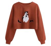 Ybing Costume d'Halloween pour femme - Court - Imprimé fantômes - Manches longues - Crop Top - Automne - Hiver - Col rond - Sweat-shirt sans capuche - Carnaval - Festival - Pull horreur festif