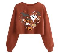Ybing Costume d'Halloween pour femme - Court - Imprimé fantômes - Manches longues - Crop Top - Automne - Hiver - Col rond - Sweat-shirt sans capuche - Carnaval - Festival - Pull horreur festif