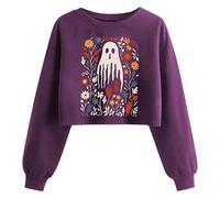 Ybing Costume d'Halloween pour femme - Court - Imprimé fantômes - Manches longues - Crop Top - Automne - Hiver - Col rond - Sweat-shirt sans capuche - Carnaval - Festival - Pull horreur festif